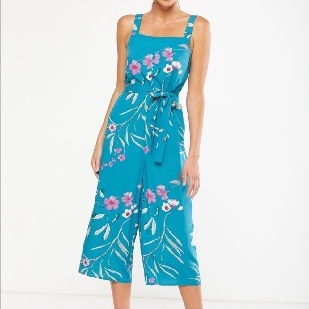 Cotton On Jumpsuit XS Teal Floral‎ Sleeveless Wide Leg Culotte Tie Waist